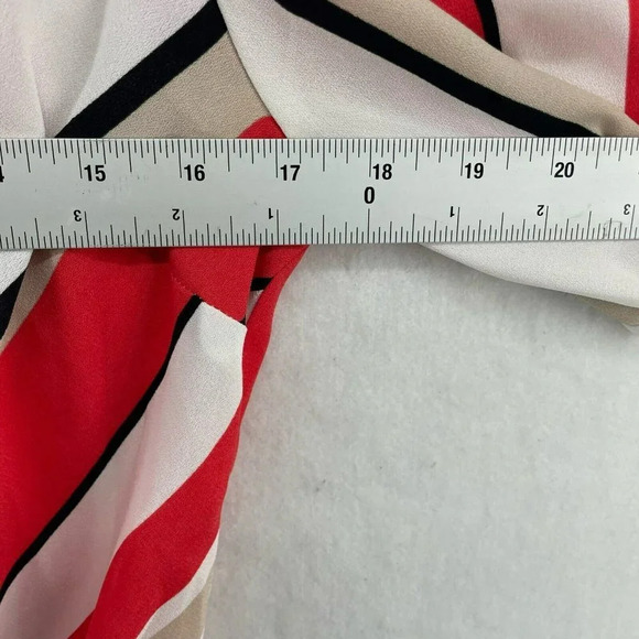 Halogen Wrap Blouse Women's Sz XS Coral Red White Striped Puff Sleeves Sheer - Picture 3 of 9